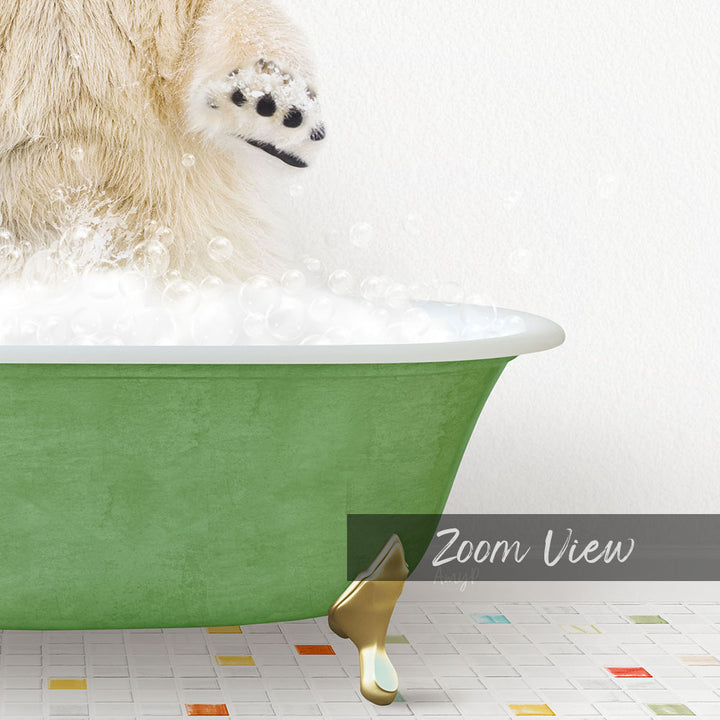 A fluffy white dog is standing in a green bathtub filled with bubbles, with its paw raised in the air.