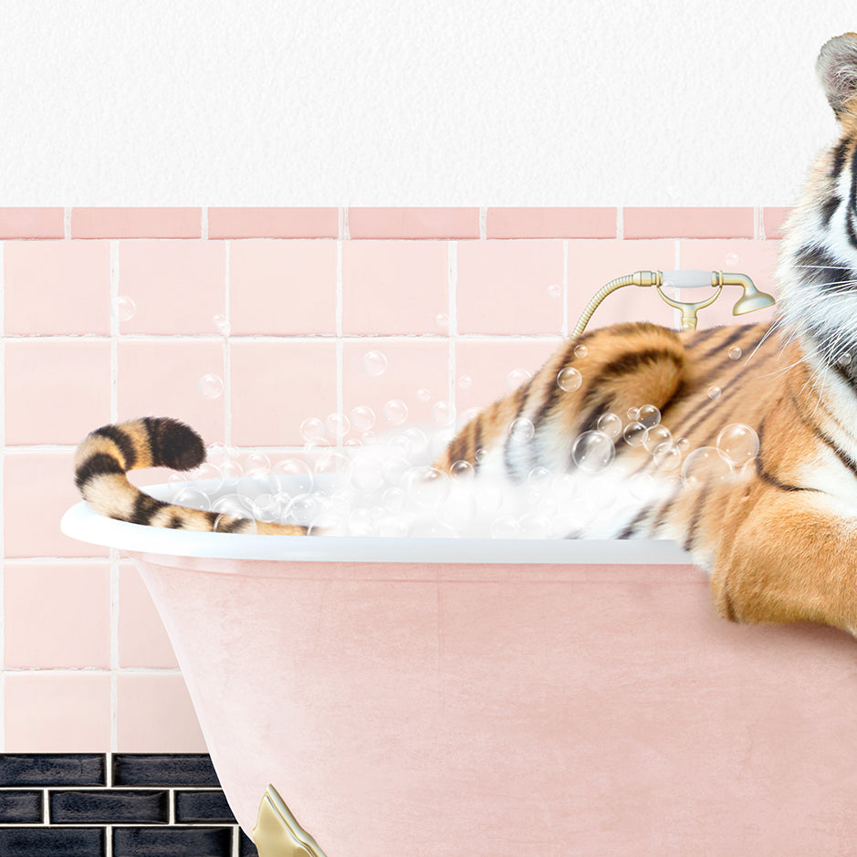 a tiger laying in a bathtub with bubbles coming out of it