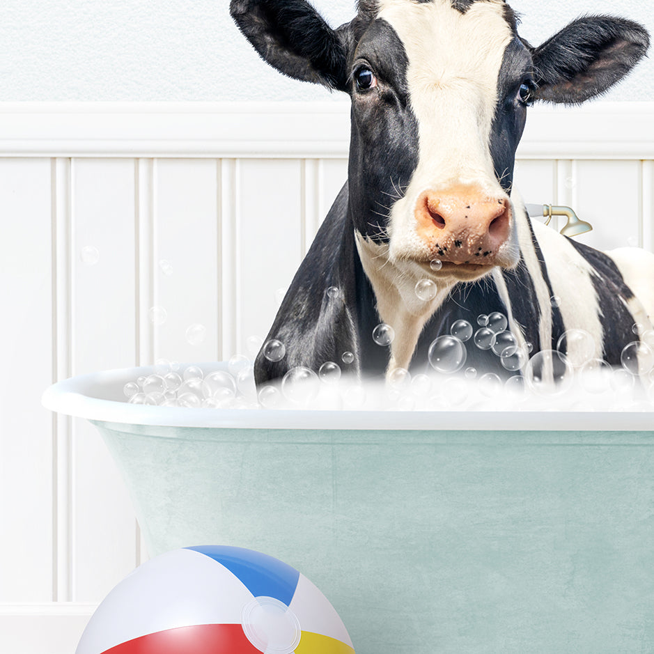 a black and white cow in a bathtub with bubbles