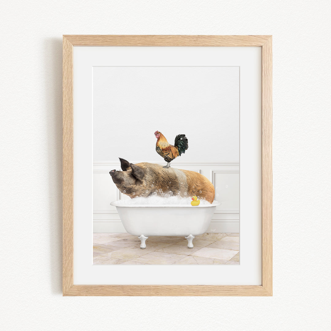 A rooster sits atop a pig in a bathtub, with a yellow rubber duck floating in the water.