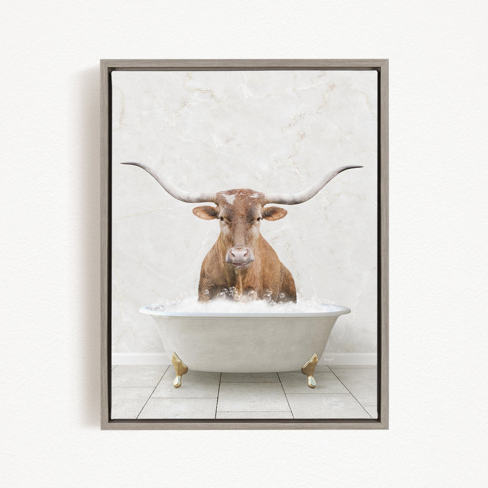 A brown cow with large horns is sitting in a white bathtub filled with water, creating a whimsical and humorous scene.