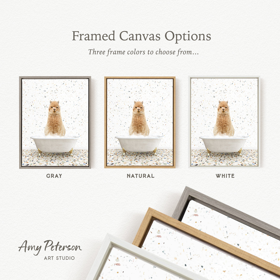 The image is a framed canvas option showcasing three different colored frames for a picture of a dog sitting in a bathtub.