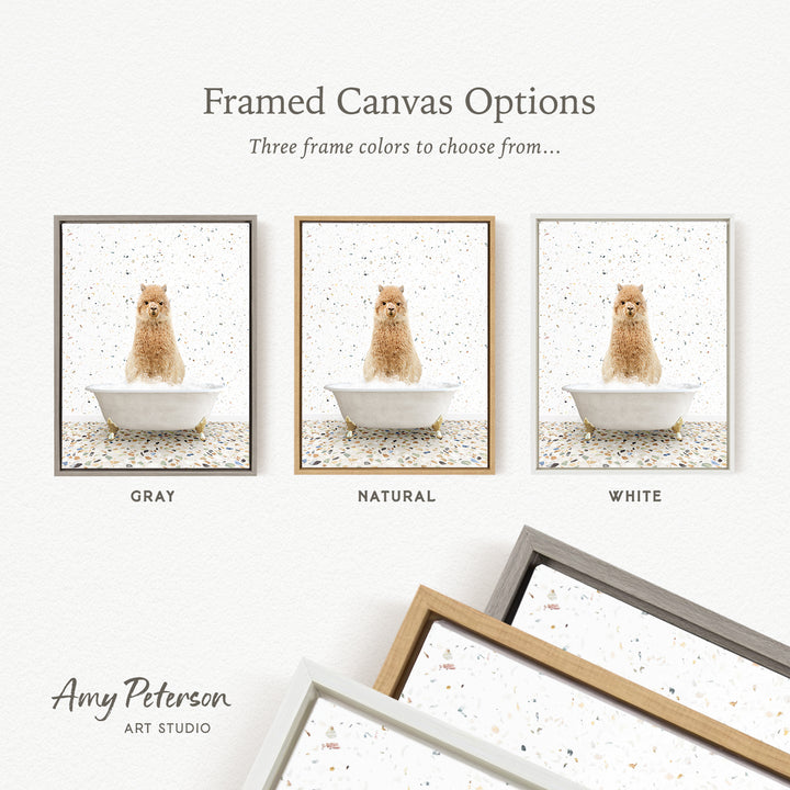 The image is a framed canvas option showcasing three different colored frames for a picture of a dog sitting in a bathtub.