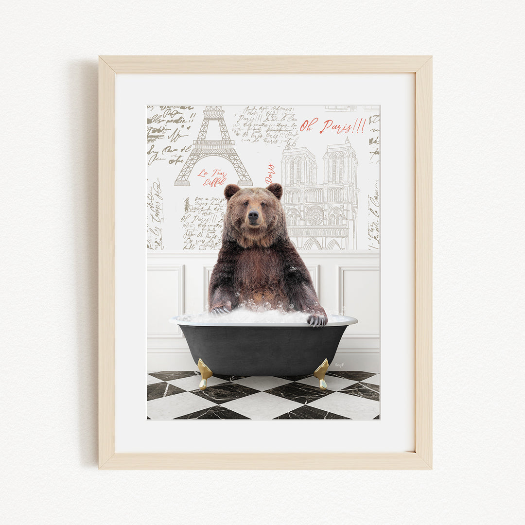 A brown bear sitting in a bathtub filled with water, surrounded by a checkered floor and a wall with the Eiffel Tower and other Parisian landmarks.