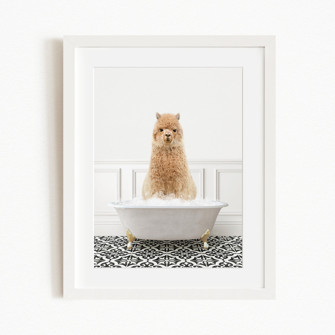 A fluffy brown dog sitting in a white bathtub filled with bubbles, surrounded by a black and white patterned floor.