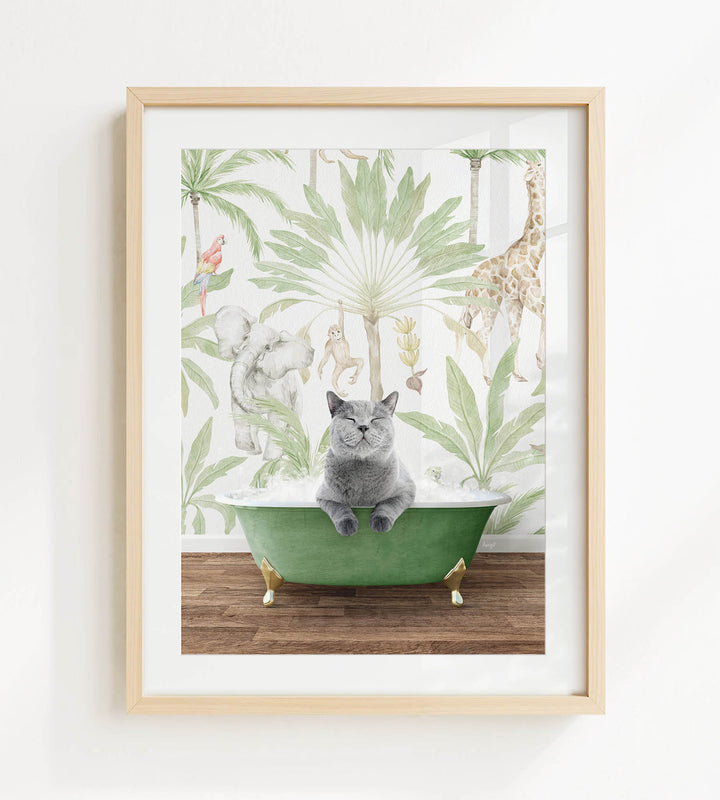 A gray cat sitting in a green bathtub, surrounded by tropical foliage and animals, including a giraffe and a parrot.