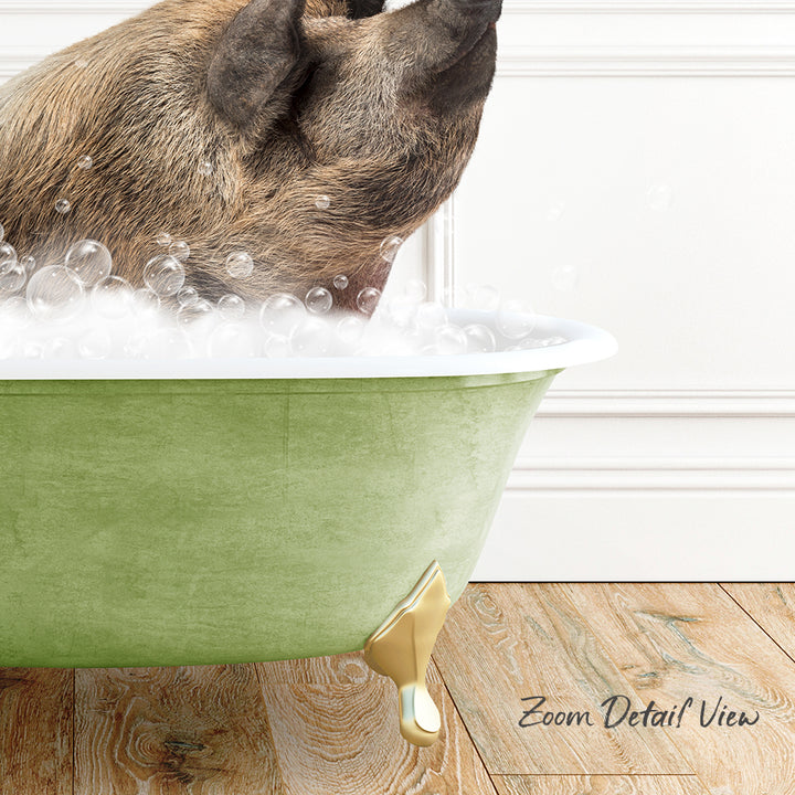 A dog is sitting in a green bathtub filled with bubbles, enjoying a bath.