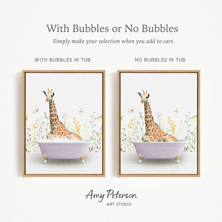 The image is a framed print featuring a giraffe sitting in a bathtub, surrounded by flowers and butterflies. The print has two different options: one with bubbles in the tub and one without bubbles in the tub. The text above the image reads "With Bubbles or No Bubbles Simply make your selection when you add to cart."