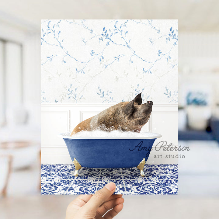 a dog taking a bath in a blue bathtub