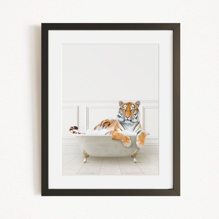 A tiger is sitting in a white bathtub, appearing relaxed and comfortable.
