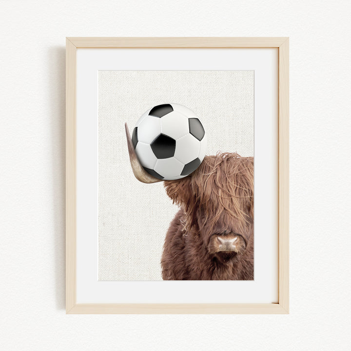 A framed image of a Highland cow balancing a soccer ball on its head.