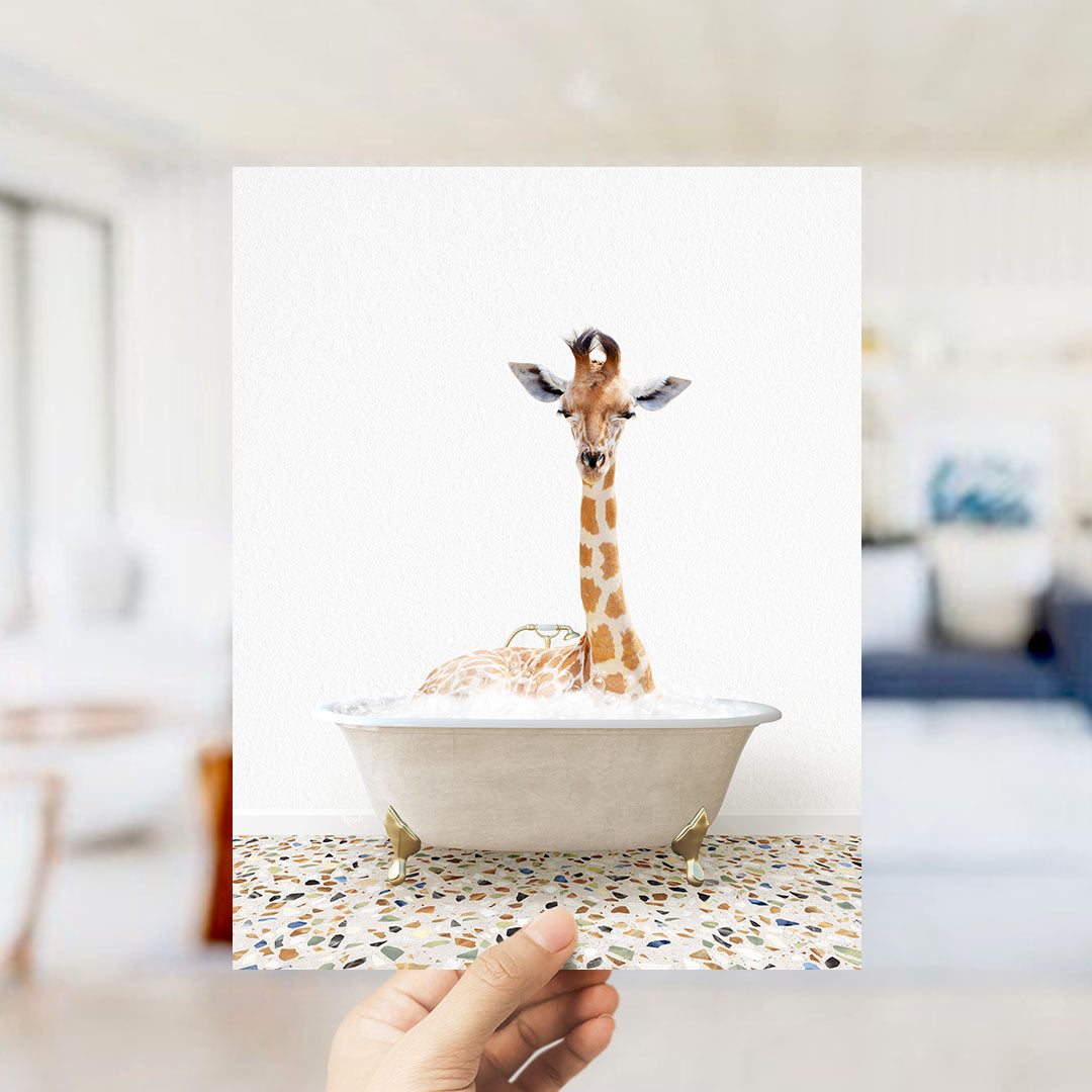 A giraffe sitting in a bathtub filled with water, surrounded by a mosaic floor.