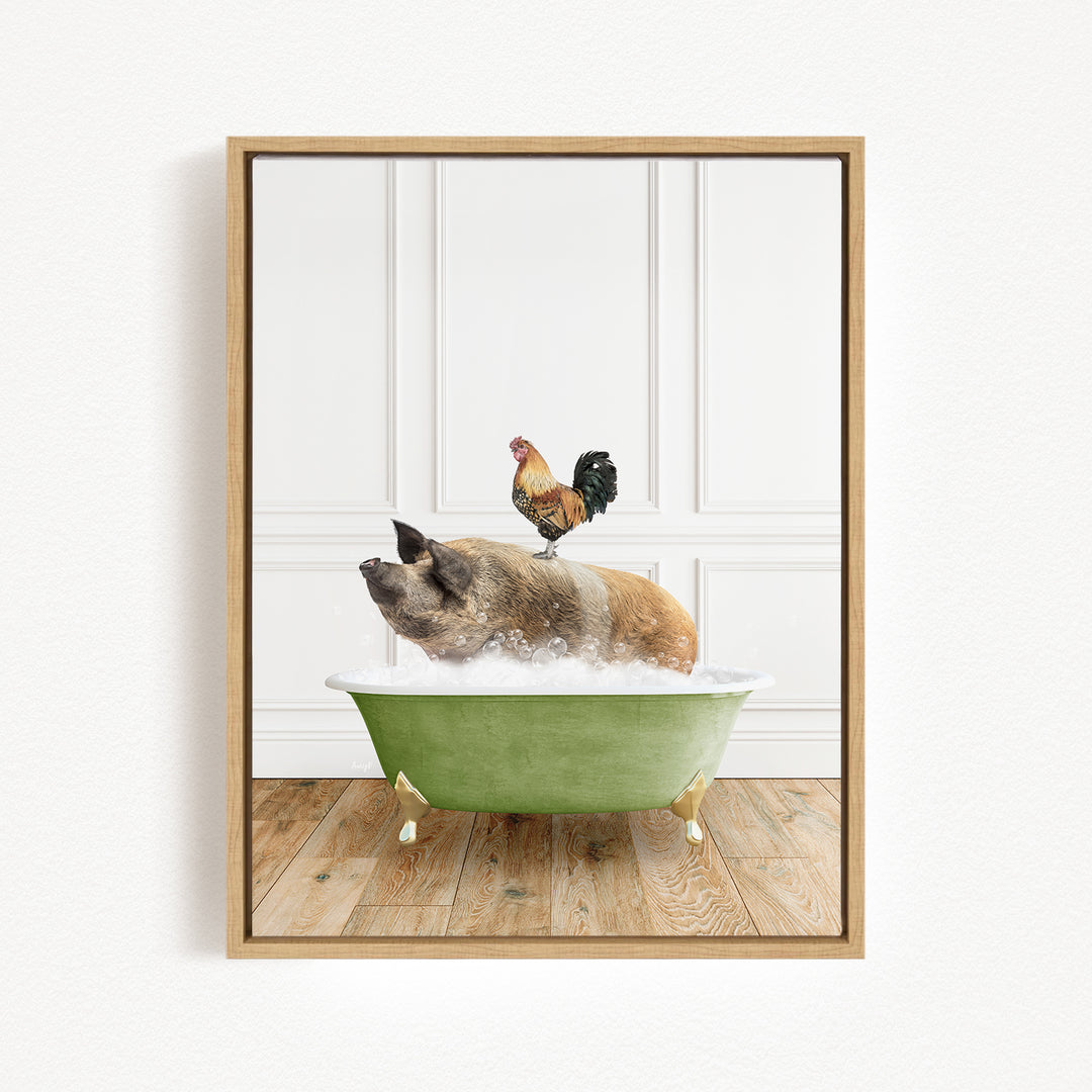 A rooster sits atop a pig in a green bathtub, creating a whimsical and humorous scene.