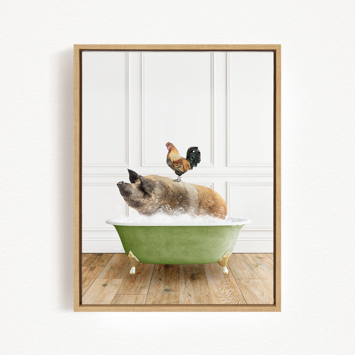 A rooster sits atop a pig in a green bathtub, creating a whimsical and humorous scene.