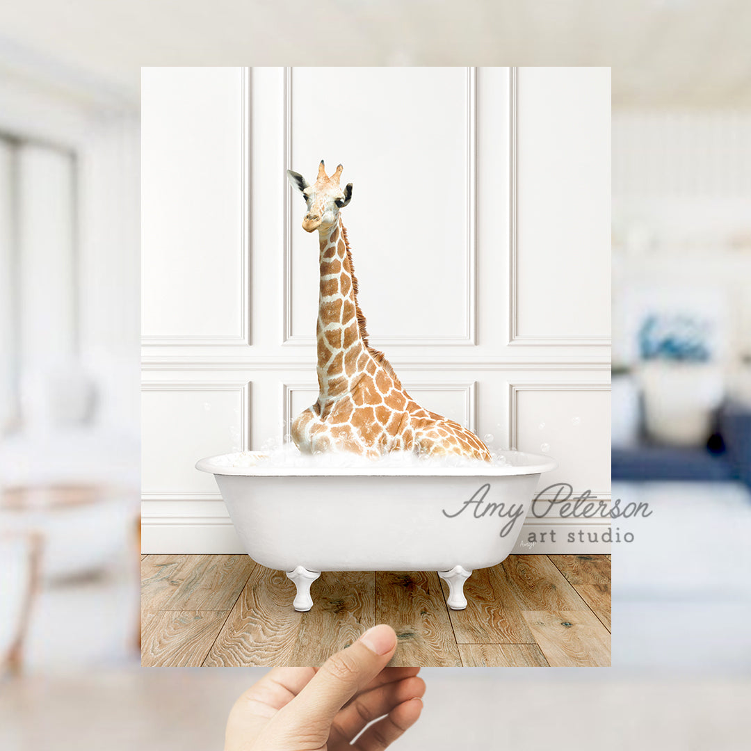 a giraffe sitting in a bathtub in a room