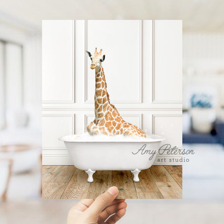 a giraffe sitting in a bathtub in a room