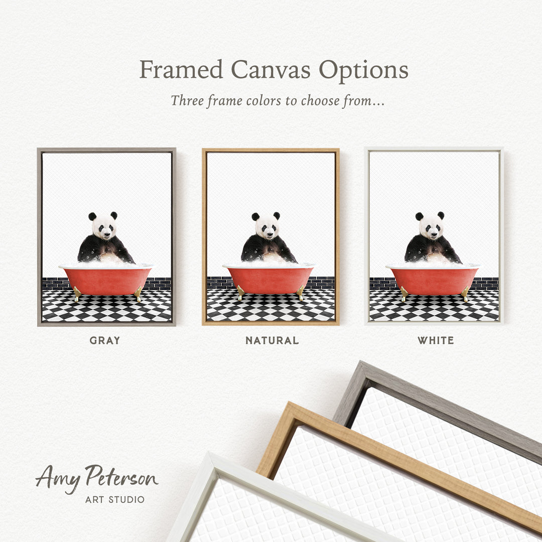 three framed canvas options, each featuring a panda bear sitting in a red bowl on a black and white checkered floor. The options include a gray frame, a natural frame, and a white frame.