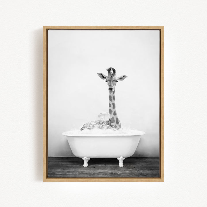 A giraffe sitting in a white bathtub filled with water, creating a whimsical and playful scene.