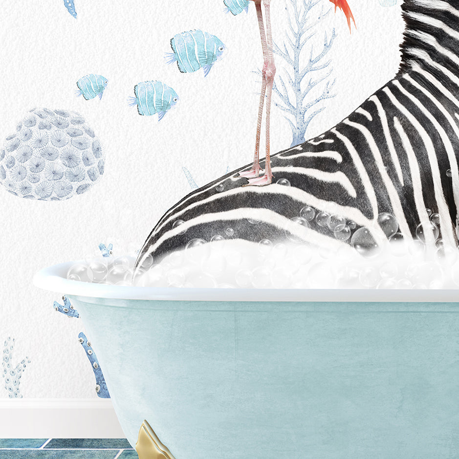 a zebra in a bathtub with a bird on top of it