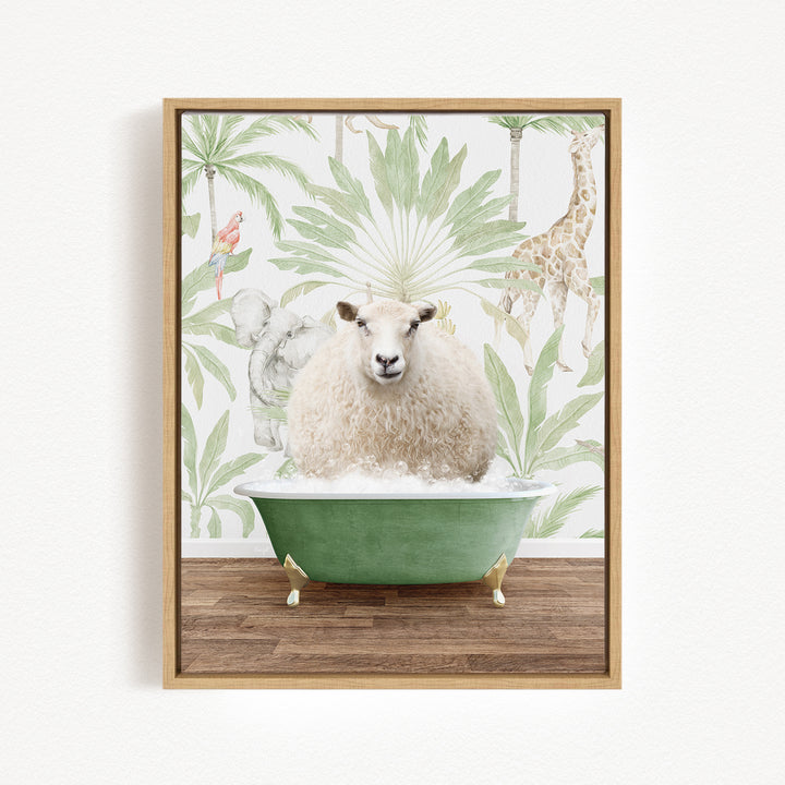 A sheep is sitting in a green bathtub, surrounded by a tropical wallpaper with palm trees and other animals.