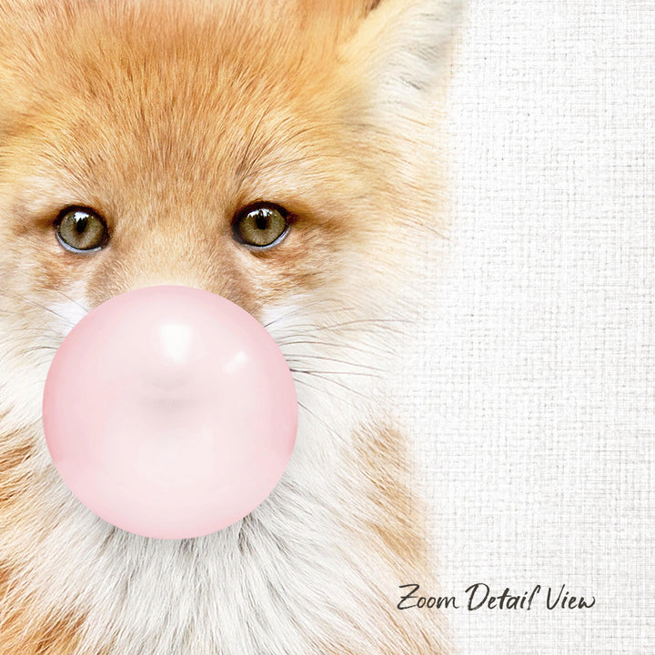 A close-up of a cat's face with a pink bubble gum bubble in its mouth, against a white background.