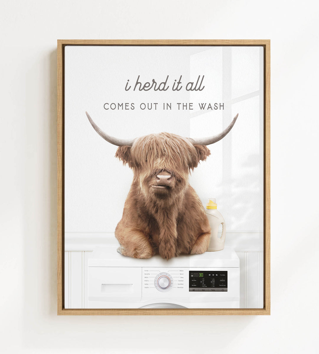 A brown cow with long horns sitting on top of a washing machine, with the text "I herd it all comes out in the wash" above the cow.