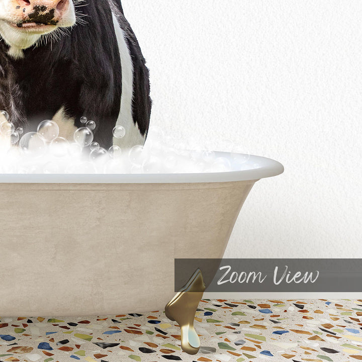A black and white cow standing in a bathtub filled with bubbles, with a text overlay that reads "Zoom View".