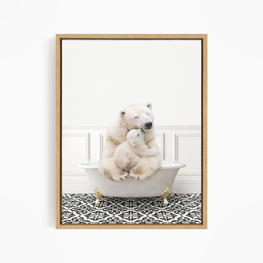 A polar bear sitting in a bathtub, with its head resting on another polar bear.