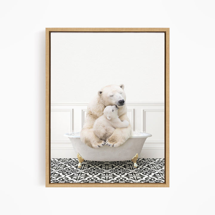 A polar bear sitting in a bathtub, with its head resting on another polar bear.