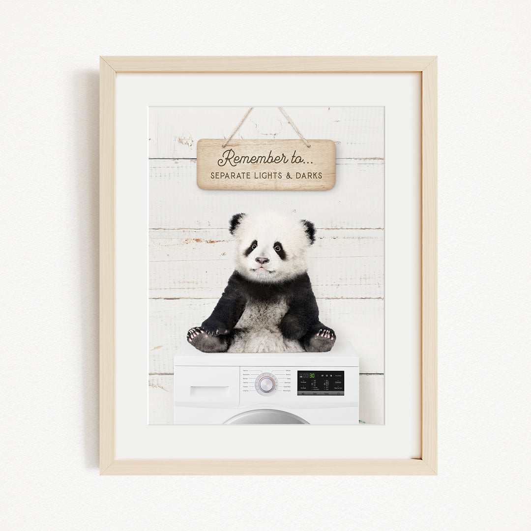 A panda bear sitting on a white washing machine, with a wooden sign above that reads "Remember to separate lights & darks".