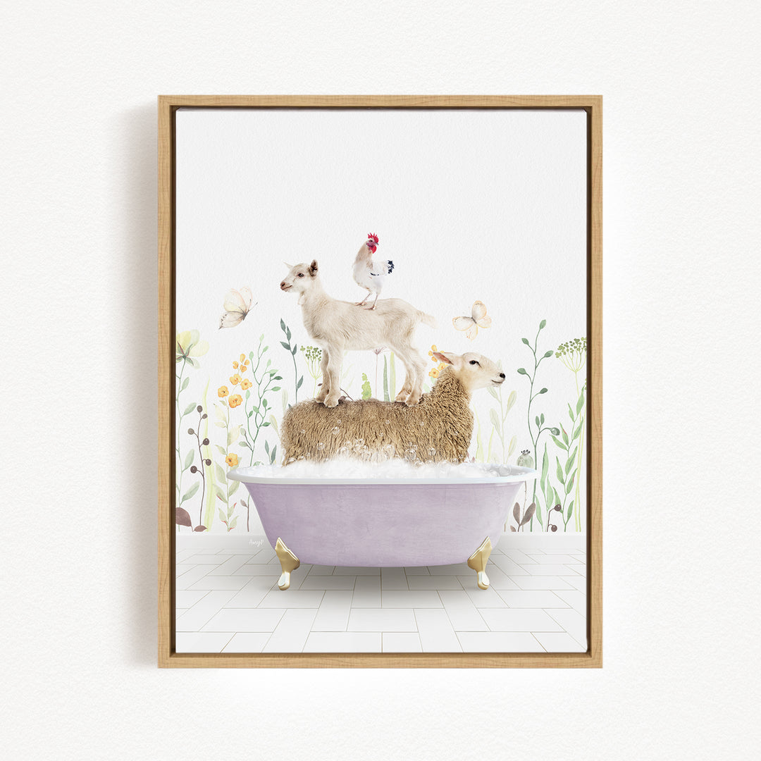 A framed illustration depicting a sheep standing on a bathtub filled with water, with a chicken perched on top of the sheep.