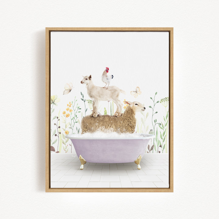 A framed illustration depicting a sheep standing on a bathtub filled with water, with a chicken perched on top of the sheep.