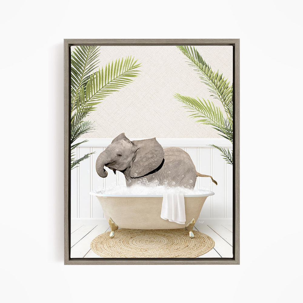 A gray elephant is sitting in a white bathtub filled with water, surrounded by green palm leaves.