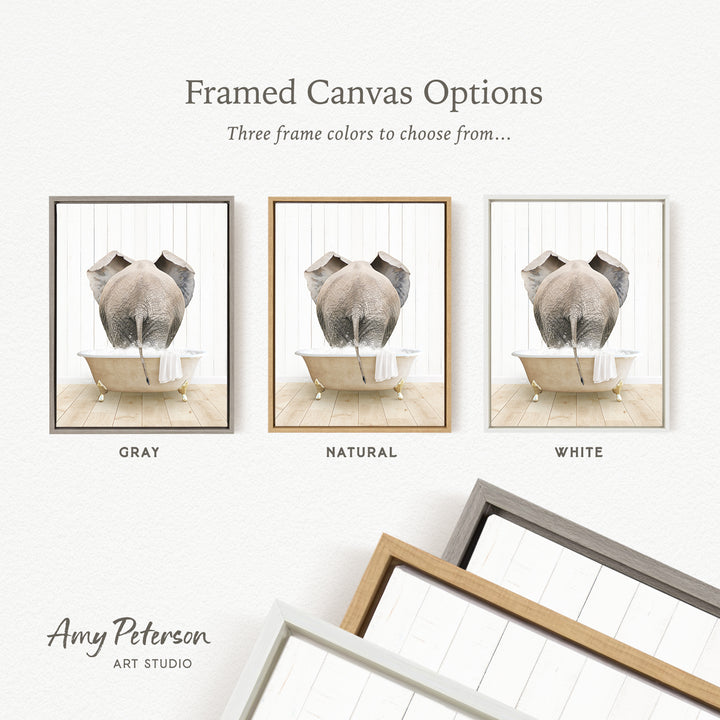 The image is a framed canvas option featuring three different colored frames, each containing a photograph of an elephant in a bathtub.