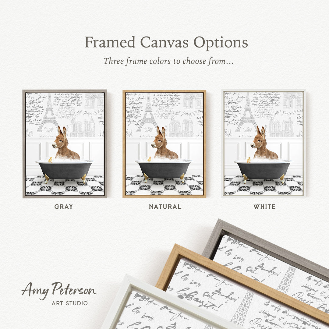 The image is a framed canvas option featuring three different colored frames with a picture of a dog in a bathtub.