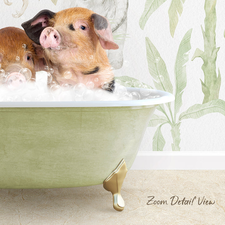 A pair of pigs sitting in a green bathtub filled with bubbles, with a tropical plant motif in the background.