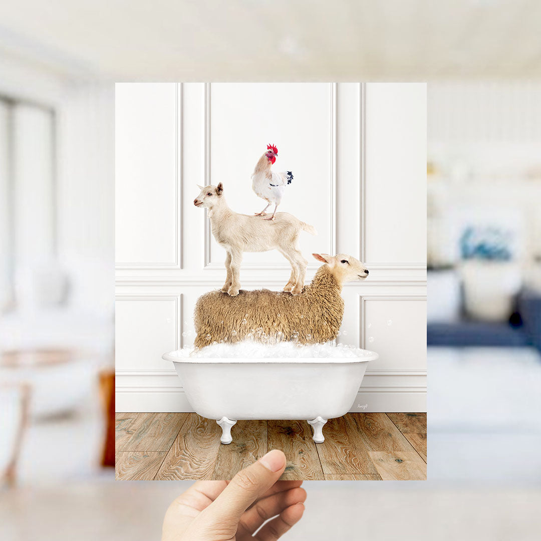 A hand holds up a framed image depicting a goat standing on a sheep's back in a bathtub, with a rooster perched on top of the goat.
