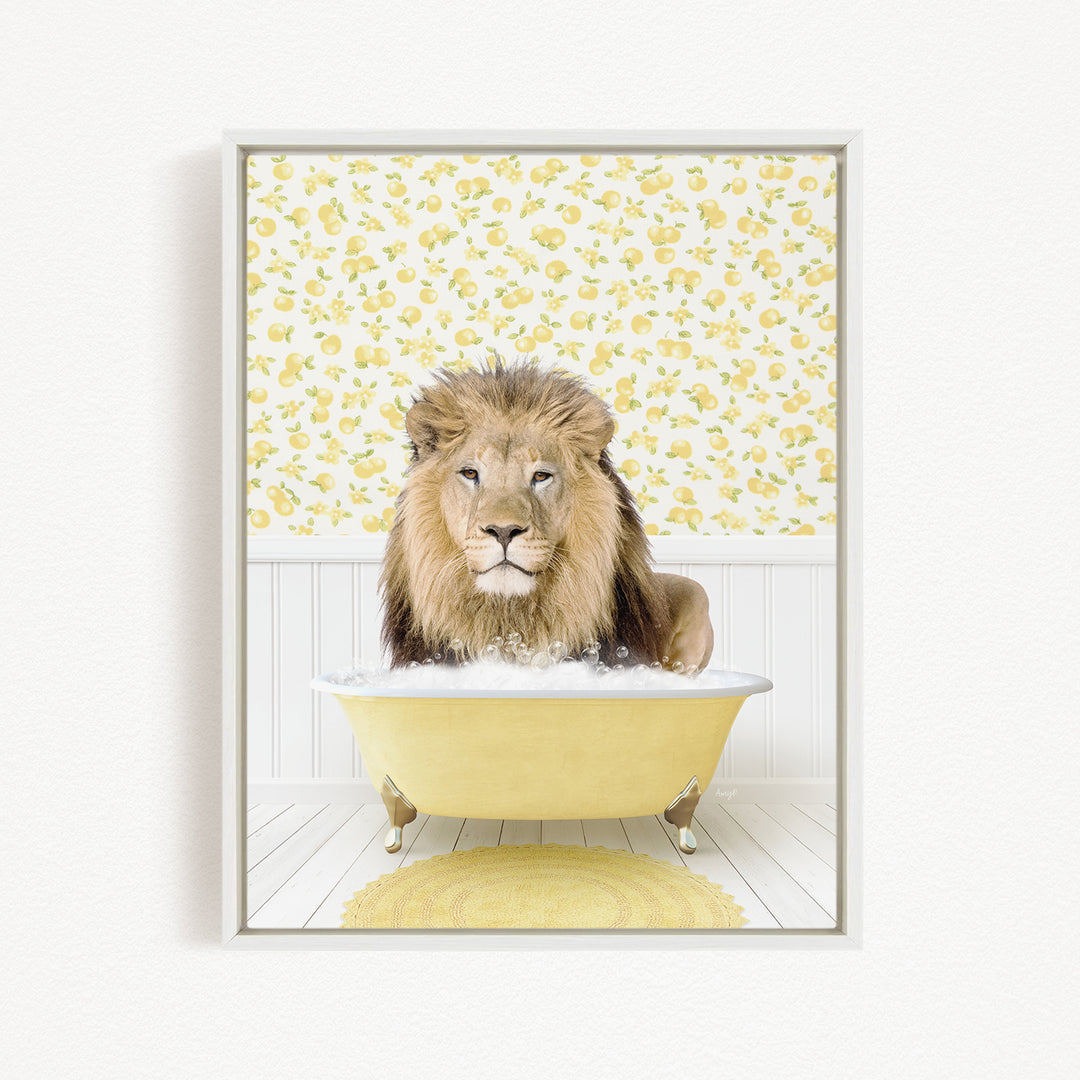 A lion is sitting in a yellow bathtub filled with water, surrounded by a yellow floral pattern on the wall behind it.