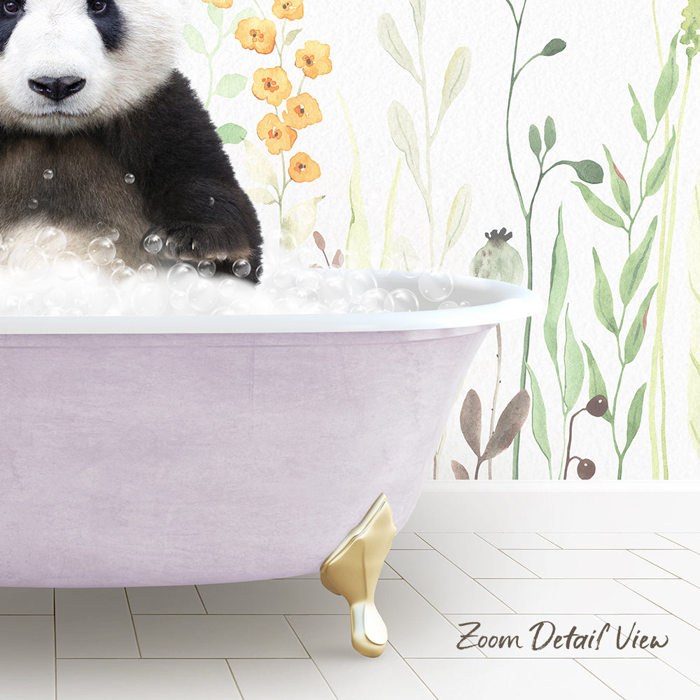 A panda bear sitting in a pink bathtub filled with bubbles, surrounded by a floral wallpaper.