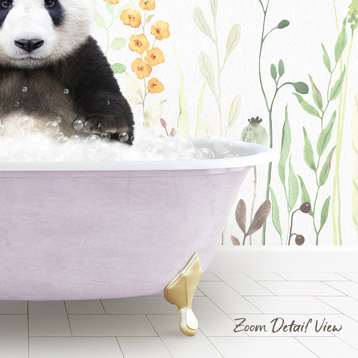 A panda bear sitting in a pink bathtub filled with bubbles, surrounded by a floral wallpaper.