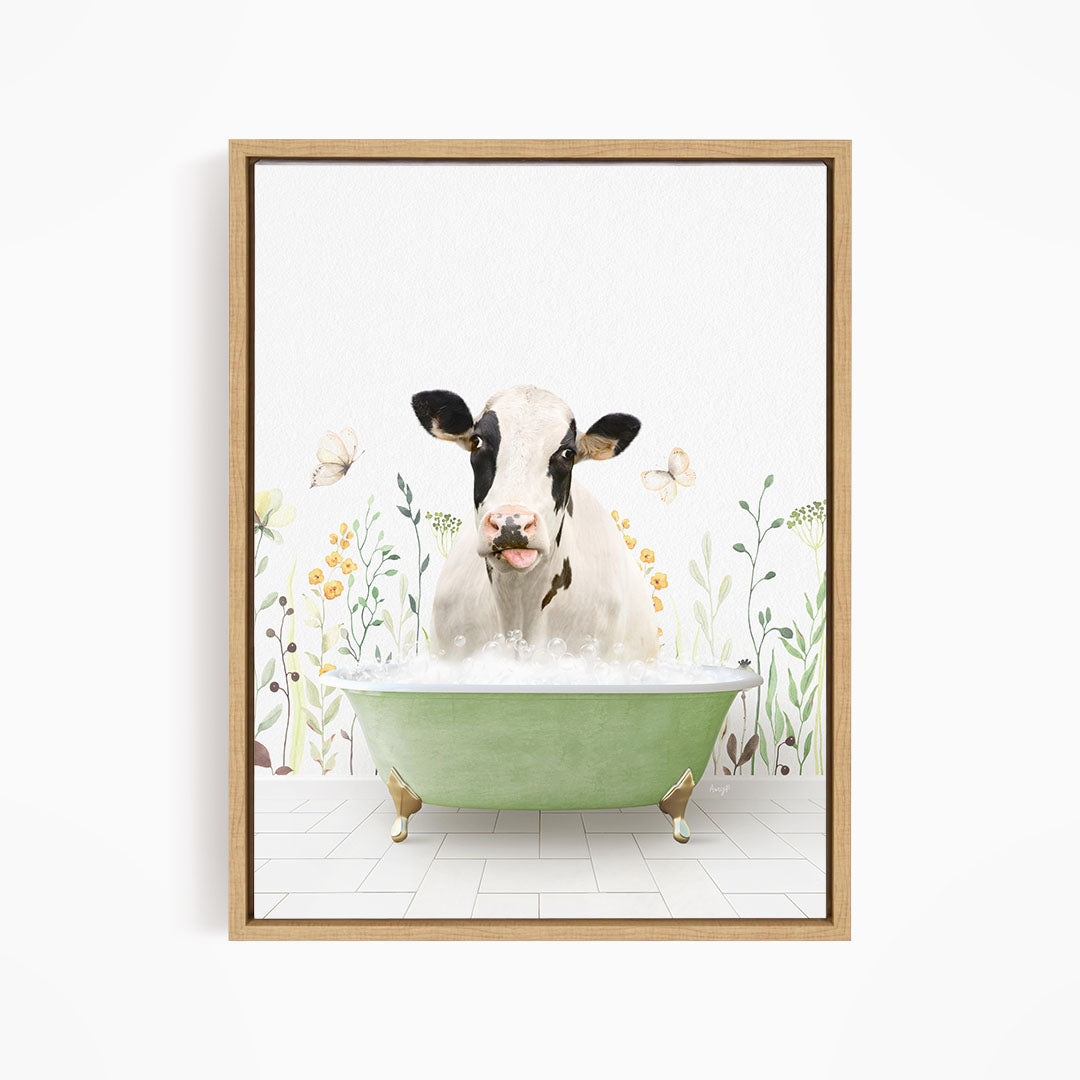 A cow is sitting in a green bathtub filled with water, surrounded by flowers and butterflies.