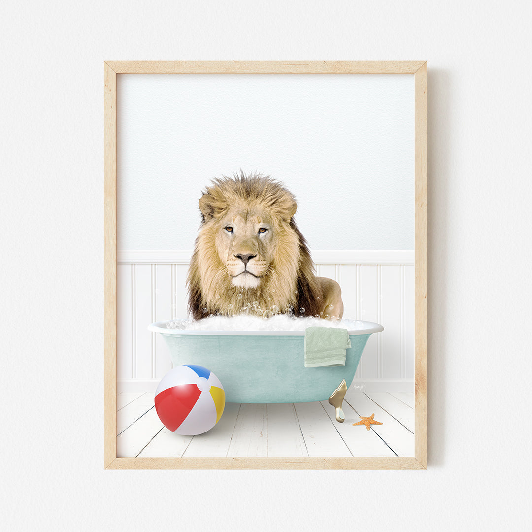 a picture of a lion in a bathtub with a beach ball