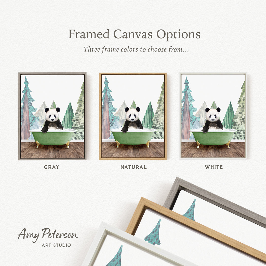 The image is a framed canvas option featuring a panda bear sitting in a bathtub, with three different frame colors to choose from: gray, natural, and white.