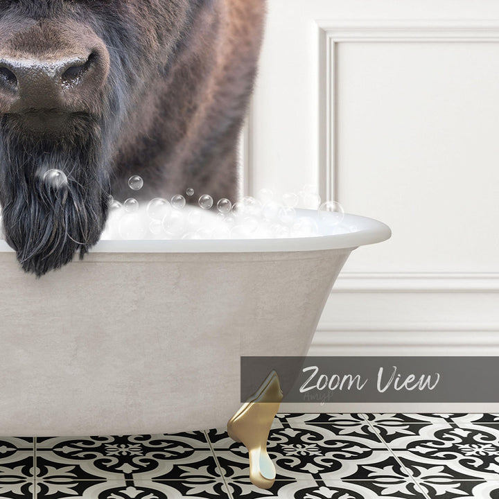 A close-up of a dog's face peeking over the edge of a bathtub filled with bubbles, with a black and white patterned floor in the background.