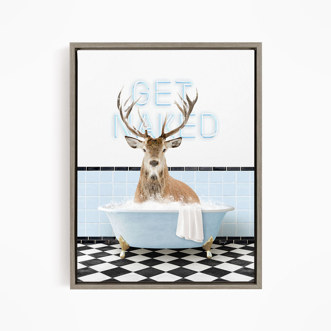 A deer with antlers is sitting in a bathtub filled with bubbles, with a sign that says "GET NAUGED" in the background.