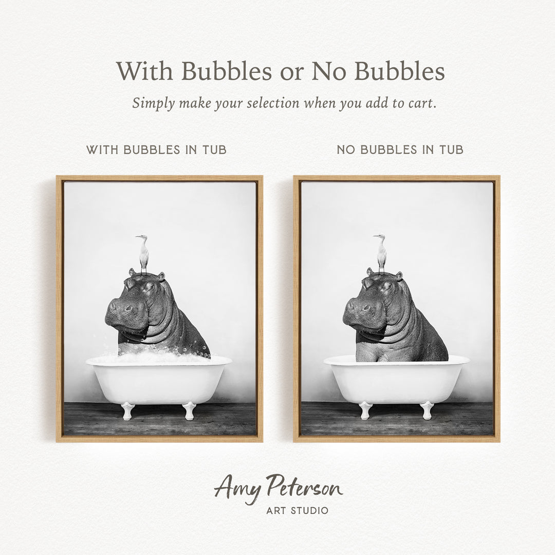 The image is a black and white photograph of a hippopotamus sitting in a bathtub, with bubbles on its back. The image is framed and appears to be a part of a collage.