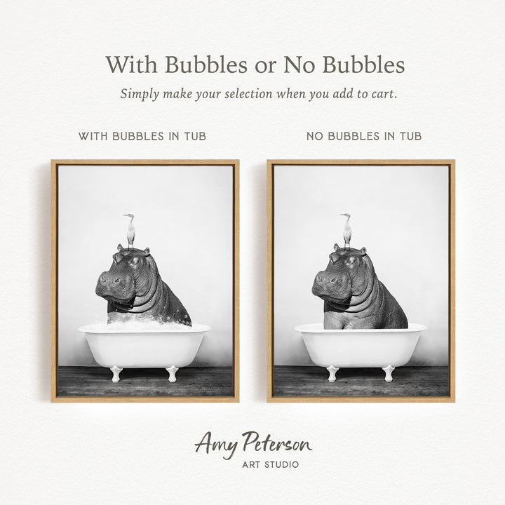 The image is a black and white photograph of a hippopotamus sitting in a bathtub, with bubbles on its back. The image is framed and appears to be a part of a collage.