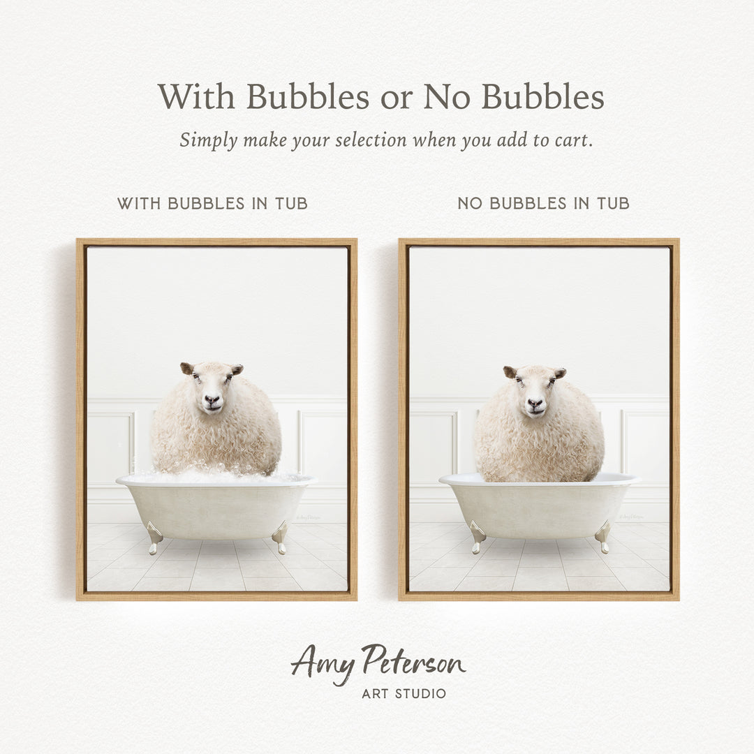 The image is a framed print featuring a sheep sitting in a bathtub, with the text "With Bubbles or No Bubbles" above the images.