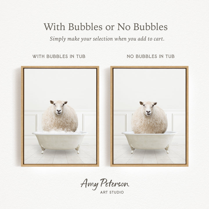 The image is a framed print featuring a sheep sitting in a bathtub, with the text "With Bubbles or No Bubbles" above the images.