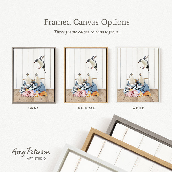 three framed canvas options, each with a different color: gray, natural, and white. The text above the images reads " framed Canvas Options" and "Three frame colors to choose from...". The text below the images reads "Grays", "NATURAL", and "WHITE". The artist's name, Amy Peterson, is also mentioned at the bottom of the image.